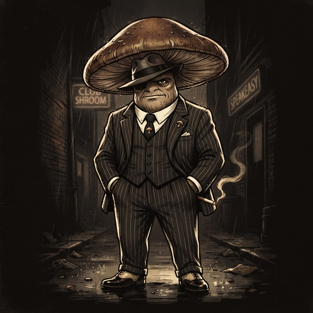 The Mushroom Mafia mascot: a mushroom in a pinstripe suit and fedora