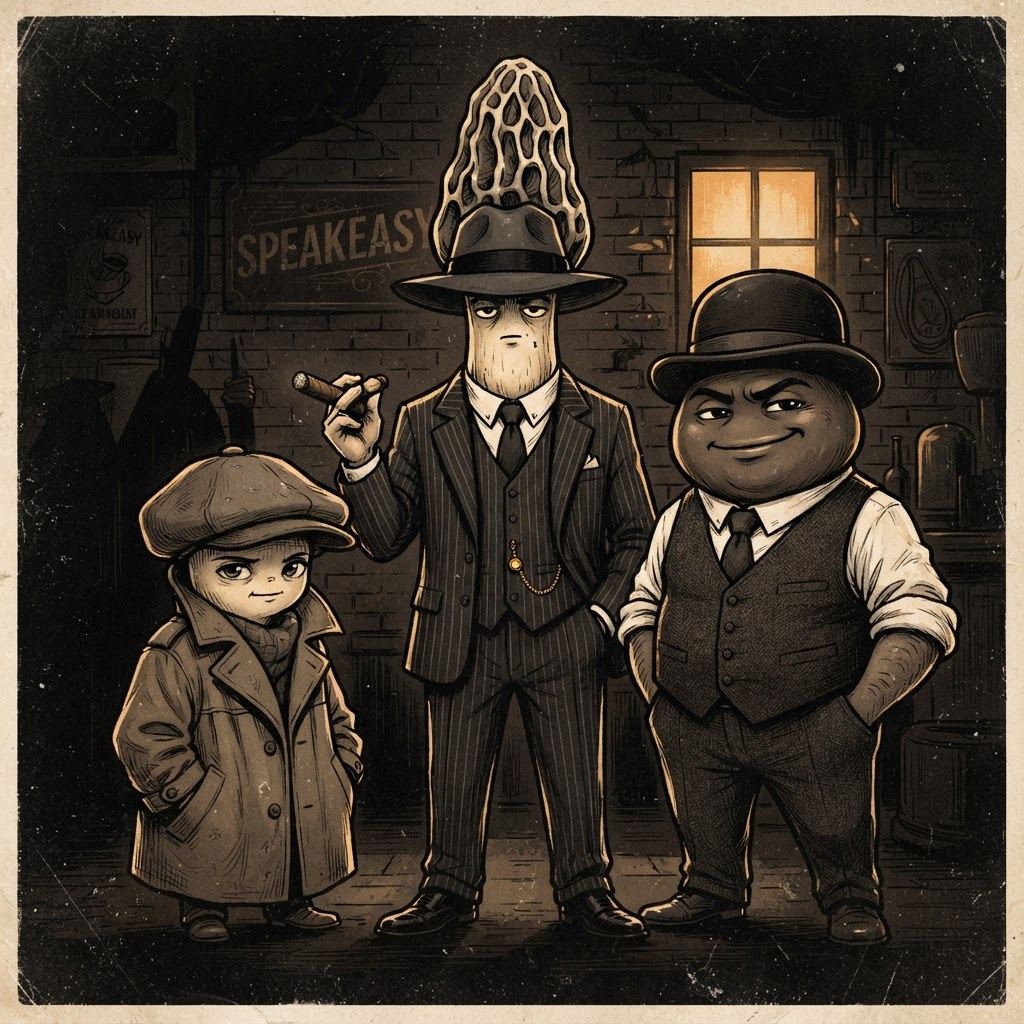 The Mushroom Mafia family: three mushroom characters in 1920s mafia outfits